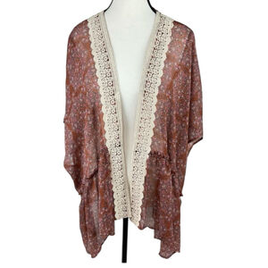 Jolt Floral Kimono Cover Up Cardigan Womens L Burnt Orange Lightweight Lace Trim
